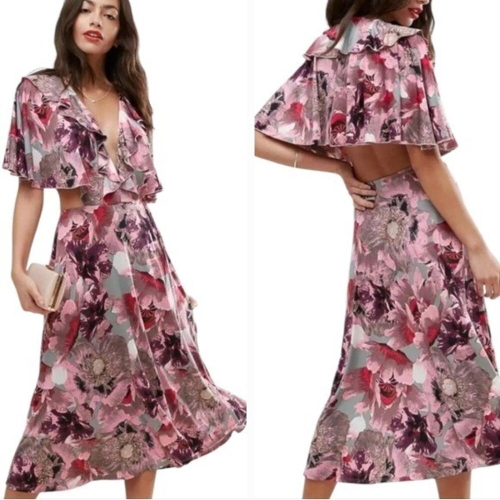 ASOS Floral Ruffle V Neck Midi Wrap Dress Women US Size 4 Pink Purple